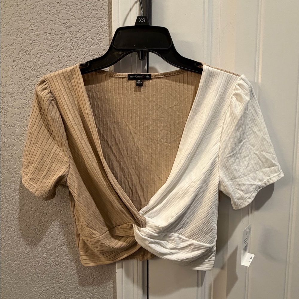 Two-Tone Twist Front Crop Top in Cream & Tan